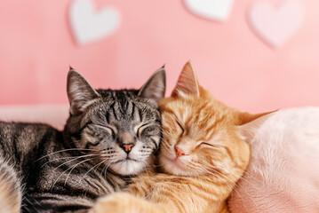 Two cute cats in love on a neutral background with hearts.