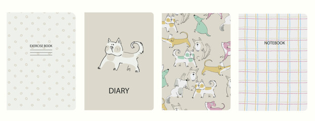 Fototapeta na wymiar Set of cover page vector templates based on seamless patterns with doggies. Perfect for school exercise books, notebooks, kids diaries