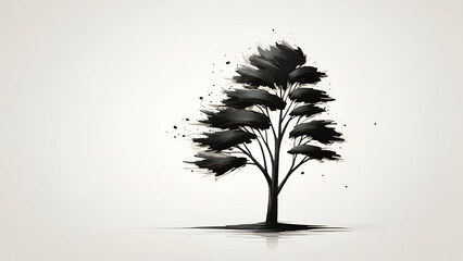  black brush art tree simple logo stroke, minimalism,  white background.