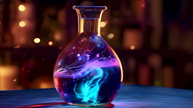Flask with magic liquid in the laboratory. Selective focus. Blue.