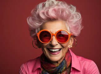 older, grandmotherly, modern woman in pink leather jacket smiling on red background with copy space