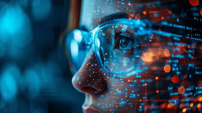 Close-up of a woman's face with glasses reflecting vibrant digital data, symbolizing futuristic technology, woman with digital data overlay on face.