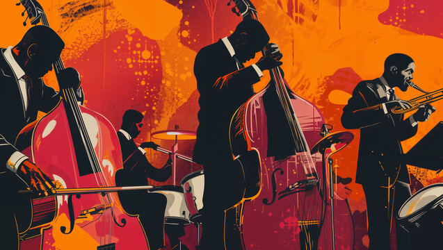 collage of street art illustrates the successful fight for equality, African American faces, while another lively snapshot depicts a jazz band, highlighting the essence of their musical contributions