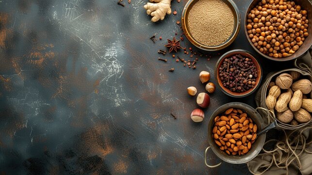 Savory Serenity: Illustration of Bowl of Nuts and Arabic Spices with Ample Room for Your Text, Created by Generative AI
