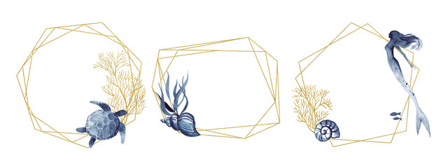 Set of frames with a golden texture and watercolor indigo marine animals on a transparent background. Invitations, postcards on a marine theme with a turtle, a mermaid, algae, shells and corals