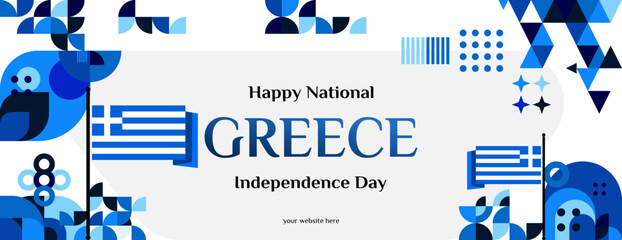 Greece Independence Day banner in modern geometric style. Wide banner for website, social and more with typography. Illustration for national holiday celebration party. Happy Greek Independence Day