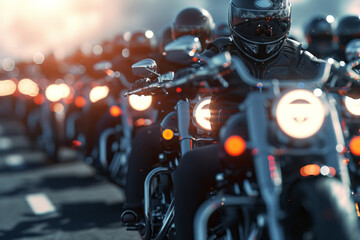 Fototapeta premium A group of motorcyclists riding in a column on the road, motorcyclists in leather clothes 