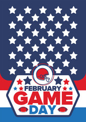 Obraz premium Game Day. American football playoff. Super Party in United States. Final game of regular season. Professional team championship. Ball for american football. Sport poster. Vector illustration