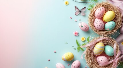 Fototapeta na wymiar Easter Basket Filled With Colorful Eggs and Spring Decorations on a pastel background with copy space.