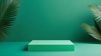 Green platform, podium for presentation of products, cosmetics on a green background.