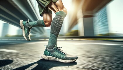 Runner's legs in motion, eco-gear from recycled materials shows speed. Fast legs in green shoes, running past blurry city sights. - obrazy, fototapety, plakaty