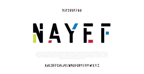 Nayef Minimal Abstract sci fi modern alphabet fonts. Science fiction typography sport, technology, fashion, digital, future creative logo font. vector illustration