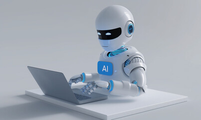 Fototapeta premium Cute AI robot 3D Rendered Illustration of Robotic Working on Laptop Automation on white Background isolated