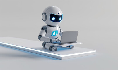 Cute AI robot 3D Rendered Illustration of Robotic Working on Laptop Automation on white Background isolated