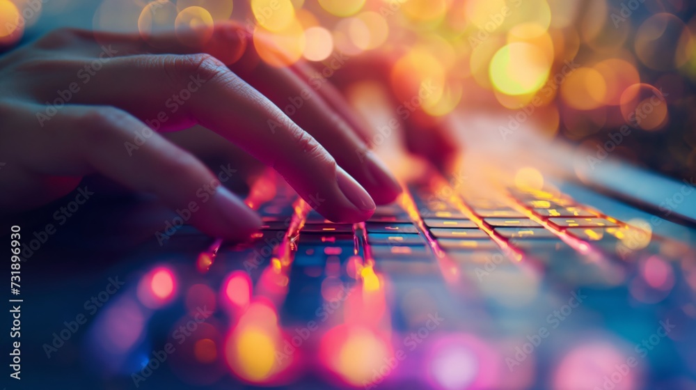 Wall mural close-up of hands typing on a laptop keyboard with a colorful backlit effect in the dark.