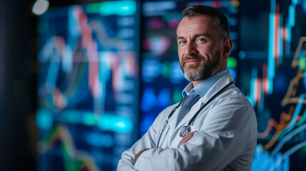 Fototapeta premium portrait of confident doctor on stock market background, Investing in stocks and funds in the medical sector concept