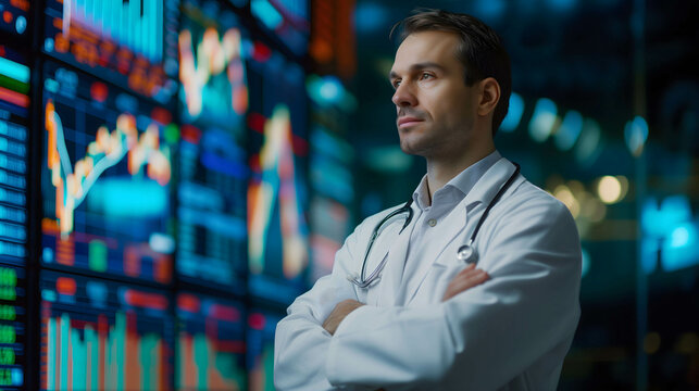 Portrait Of Confident Doctor On Stock Market Background, Investing In Stocks And Funds In The Medical Sector Concept