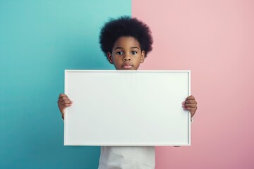 A young boy holding up a white paper mockup - obrazy, fototapety, plakaty