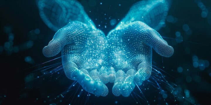 Digital hands releasing particles.
