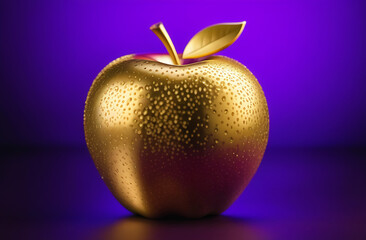 Obraz premium A large golden apple in close-up on a bright purple background