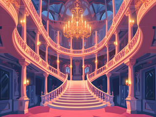 Obraz premium Luxurious Classical Ballroom with Modern Twist - Grand Interior Design Illustration Featuring Ornate Staircases and Plush Red Carpet | Concept of Elegance and Affluence