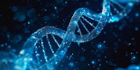 Dynamic digital DNA strand design against a dark blue background.