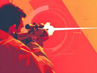 Dynamic Silhouette of Sniper in Action - Intense Red and Orange Palette, Concept of Precision, Focus, and Tactical Shooting - obrazy, fototapety, plakaty