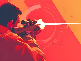 Tuinposter Dynamic Silhouette of Sniper in Action - Intense Red and Orange Palette, Concept of Precision, Focus, and Tactical Shooting © Marcos