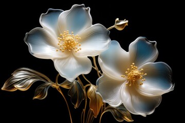 This close-up photo showcases two white flowers set against a black background.