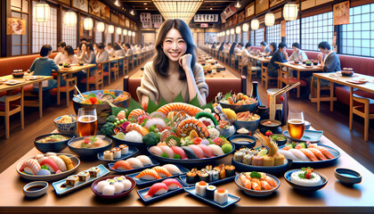 Japanese Food Cuisine Sushi Dining Experience with Smiling Woman