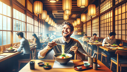 Joyful Man Enjoying Ramen in Cozy Japanese Restaurant