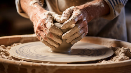 Close-up of a skilled potter' hands throwing a potter on his wheel, artistry and dedication involved in the traditional craft. The tactile details and focused hands convey the passion and mastery.