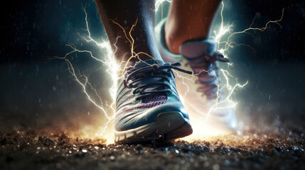 Close-up runners feet, the energy symbolised by electrical pulses and lightning, charged footwork, athletic energy, the intensity, sports industry, determination, adrenalin.