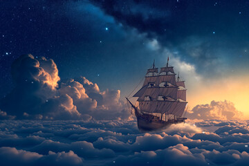 As twilight blends into night, a grand sailing ship voyages across a sea of clouds under a star-speckled sky, its sails full of wind, on the cusp between day and night - obrazy, fototapety, plakaty