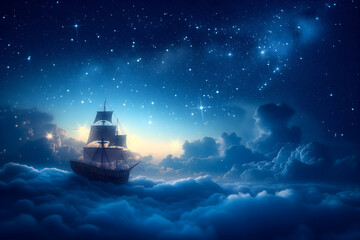 As twilight blends into night, a grand sailing ship voyages across a sea of clouds under a star-speckled sky, its sails full of wind, on the cusp between day and night