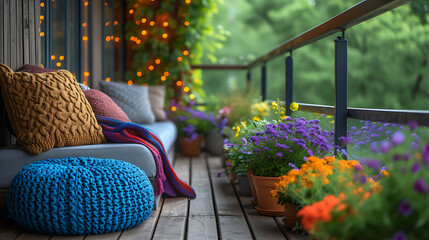 A cozy urban terrace with a variety of plants, including colorful potted flowers, climbing plants and small trees - Powered by Adobe