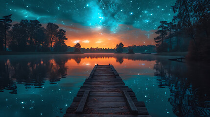 A peaceful night scene with the northern lights (Aurora Borealis) illuminating the sky over a calm lake