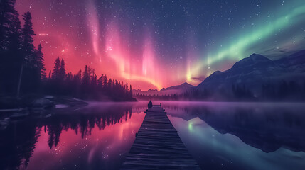 A peaceful night scene with the northern lights (Aurora Borealis) illuminating the sky over a calm...