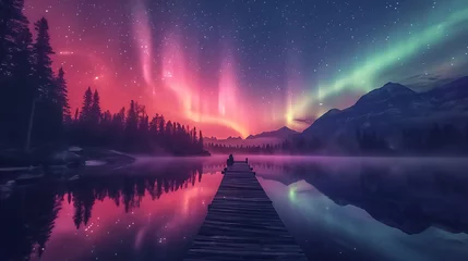 Poster A peaceful night scene with the northern lights (Aurora Borealis) illuminating the sky over a calm lake © Pedro Areias