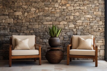 A photo featuring a couple of chairs placed adjacent to a sturdy stone wall in a non-descript outdoor setting.