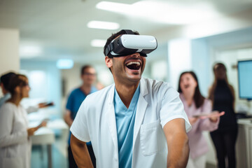 A doctor or nurse healthcare worker wearing VR virtual reality headsets in a hospital - obrazy, fototapety, plakaty