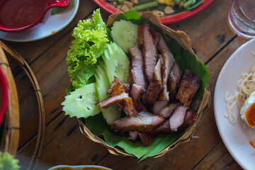 Thai grilled charcoal pork neck. Thai food style for eat with Somtum.