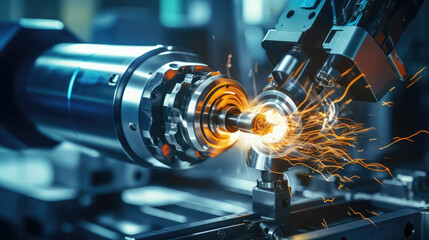 Futuristic Manufacturing: A glimpse into the heart of advanced technology as CNC processes create steel components, showcasing innovation and efficiency in industrial production - obrazy, fototapety, plakaty