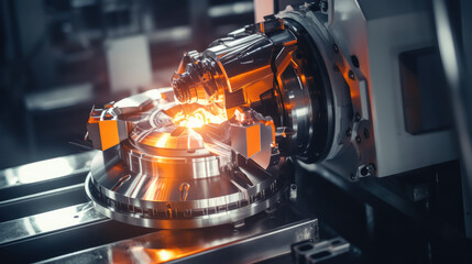 Futuristic Manufacturing: A glimpse into the heart of advanced technology as CNC processes create steel components, showcasing innovation and efficiency in industrial production