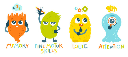 Smart monsters set. Development of logic, fine motor skills, attention and memory of children. Funny bright characters in a hand-drawn cartoon doodle style. Ideal for packaging games, puzzles, mazes.