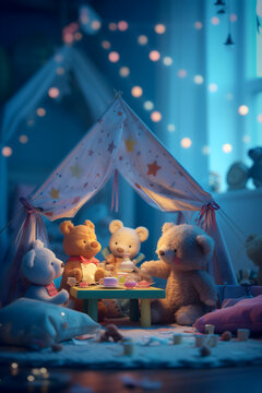 Stuffed teddy bears gather for a magical tea party under a whimsical canopy tent, adorned with stars, in a cozy, dimly lit children's room filled with soft glowing lights