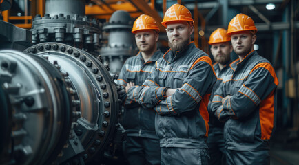 A team of diesel engine mechanic next to a big diesel engine, wearing gray clothes and orange details. Generative AI.