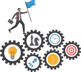 Management or project manager, working process or workflow to success, corporate operation, productivity or efficiency, strategy to achieve target concept, businessman jump on workflow cogwheel gears.