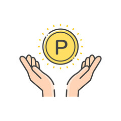 Pの文字とコインを持っている人の手のアイコン - ポイント･ポイ活やリンの元素記号のイメージ素材 