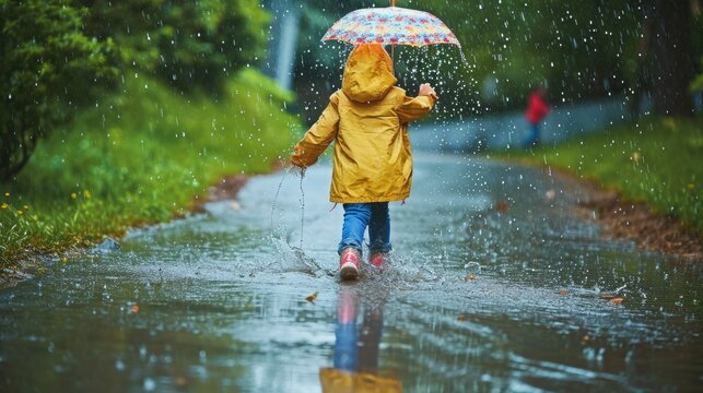 Cute little girl in raincoat with umbrella walking in puddle on rainy day